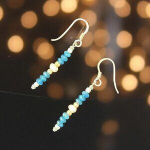 Dainty Blue Apatite & Pearl Earrings • Amazonite • 925 Sterling Silver Handmade